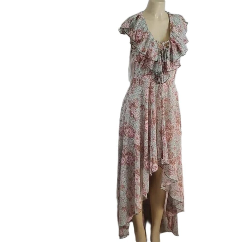 City Triangles Floral High Low Dress Flowy Ruffles Sage Pink Boho Size  7
